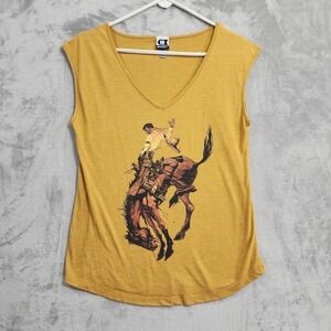 CI Sport Top Womens L Yellow Cowboy Let Er Buck V-Neck Sleeveless Tank Western
